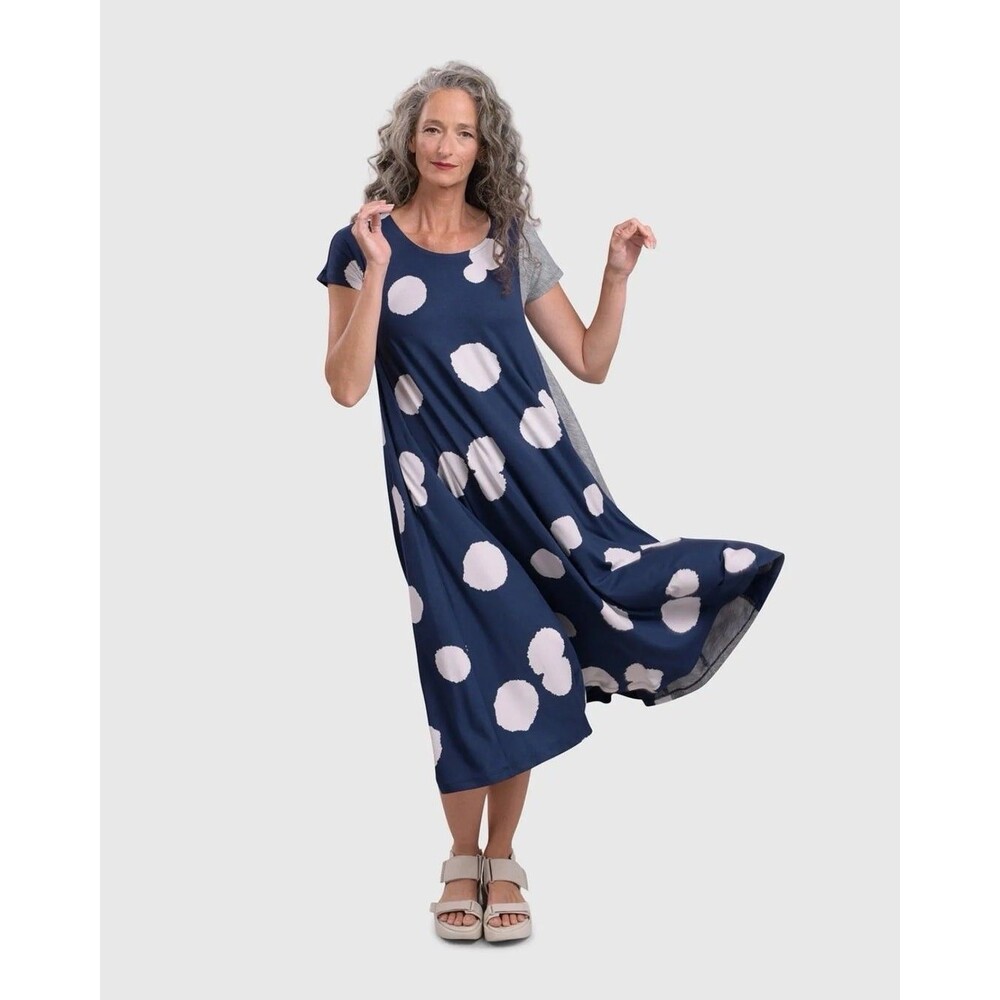 Alembika Navy Polka Dot Soft Trapeze Dress Size 6 Artsy Lagenlook Midi Pockets
